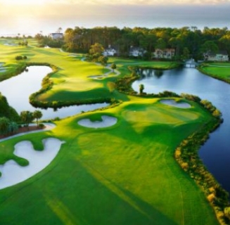 An aerial view of a golf course.