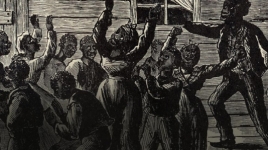 A historic rendition of people conversing at a meeting.