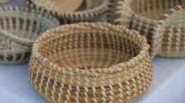 A pile of weaved baskets.